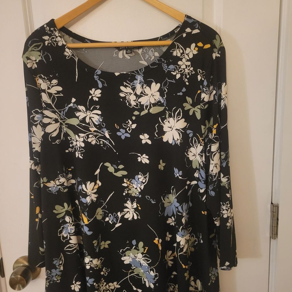 Classic Boho Feminine Black Floral Tunic with White, Blue & Green Flowers